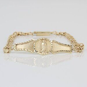 14K Yellow Gold Diamond-Cut 7" Virgin Mary Rolo Link Hearts Bracelet
